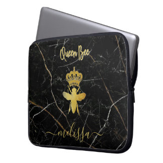 Custom Name QUEEN BEE Black Marble Gold Laptop Sleeve