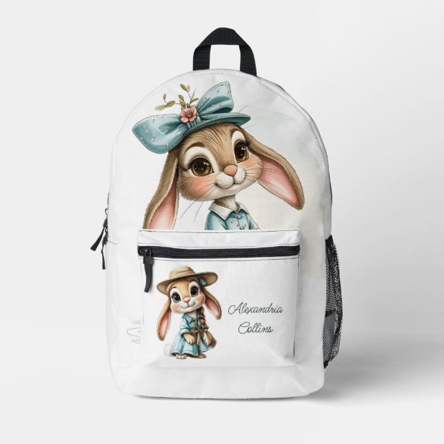 Custom Name Rabbit in a blue dress Printed Backpack (Front)