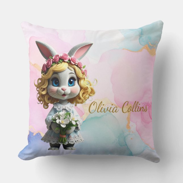 Custom Name Rabbit with flowers  Cushion (Front)