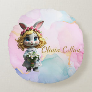 Custom Name Rabbit with flowers Round Cushion