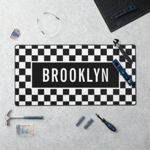 Custom Name Racing Chequerboard Pattern Classic Desk Mat