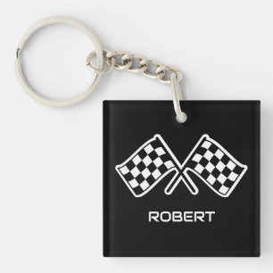 Custom Name Racing Chequered Flags Black Key Ring