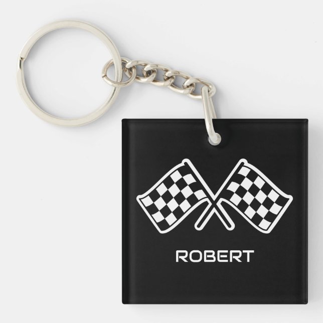 Custom Name Racing Chequered Flags Black Key Ring (Front)