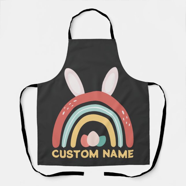 Custom Name Rainbow Egg Bunny Ear Cute Easter Apron (Front)