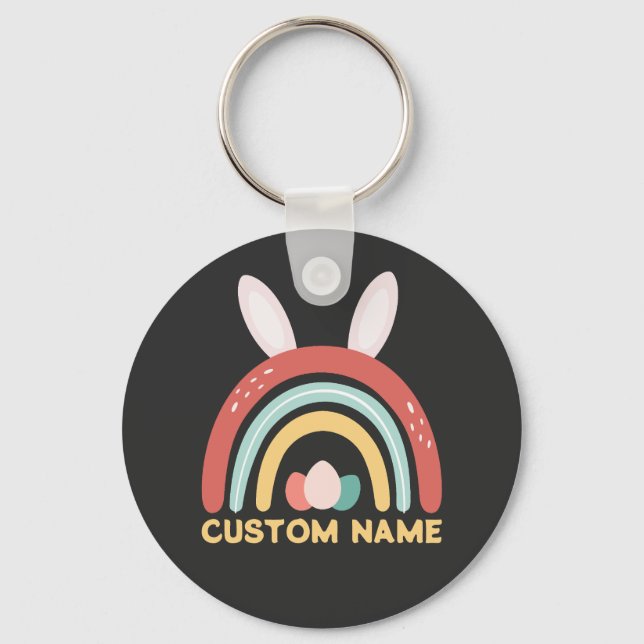Custom Name Rainbow Egg Bunny Ear Cute Easter Key Ring (Front)