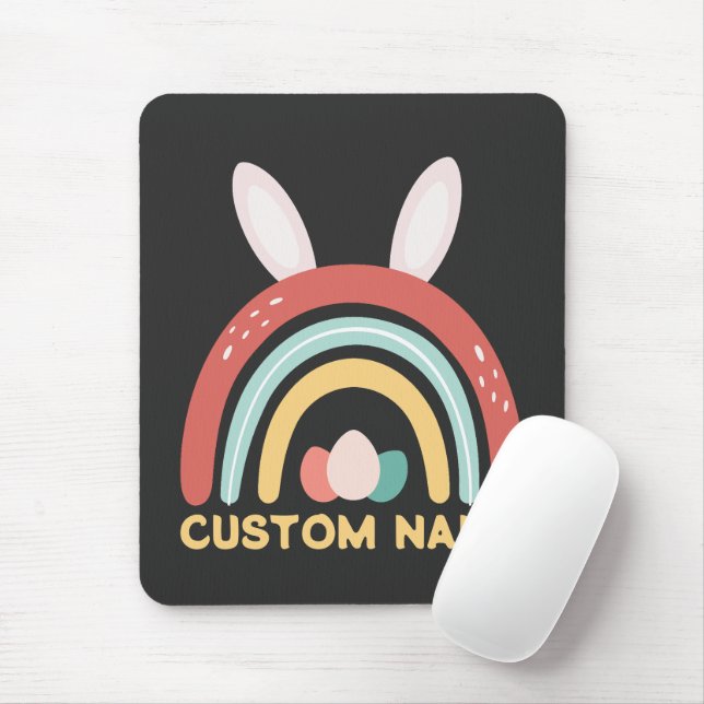 Custom Name Rainbow Egg Bunny Ear Cute Easter Mouse Mat (With Mouse)