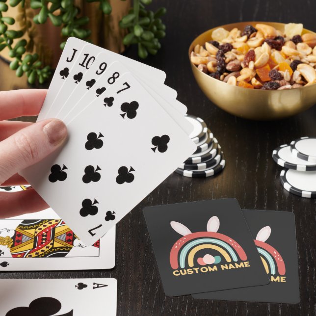 Custom Name Rainbow Egg Bunny Ear Cute Easter Playing Cards (In Situ)