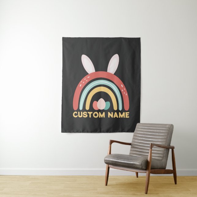 Custom Name Rainbow Egg Bunny Ear Cute Easter Tapestry (In Situ)