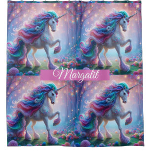 Custom Name Rainbow Faux Glitter Unicorn Shower Curtain