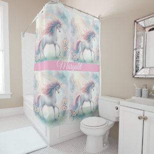 Custom Name Rainbow Faux Glitter Unicorn Shower Curtain