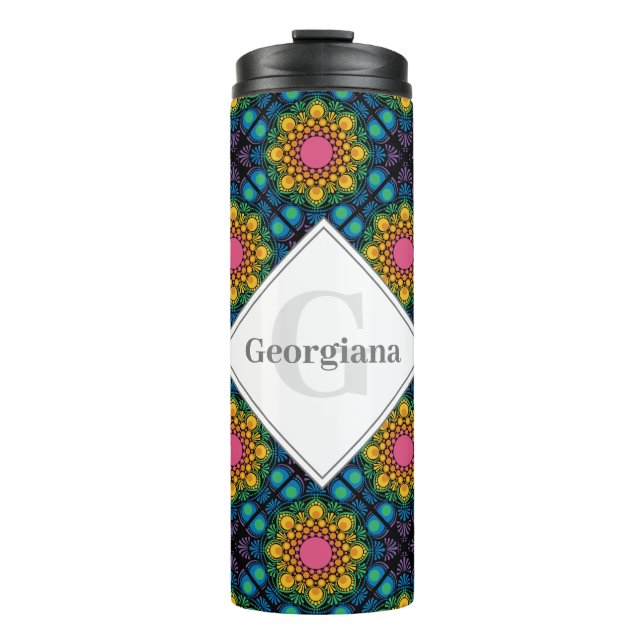 Custom Name Rainbow Floral Fountain Diamond Tiles Thermal Tumbler (Front)