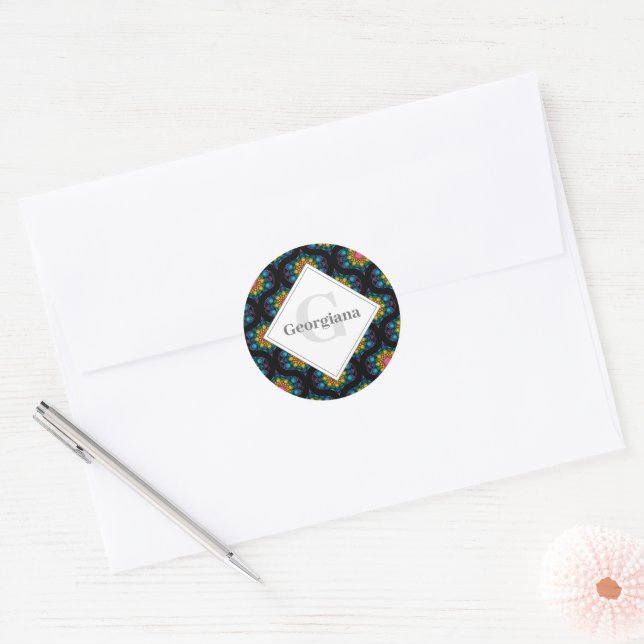 Custom Name Rainbow Floral Fountain Mid Mod Ogee Classic Round Sticker (Envelope)