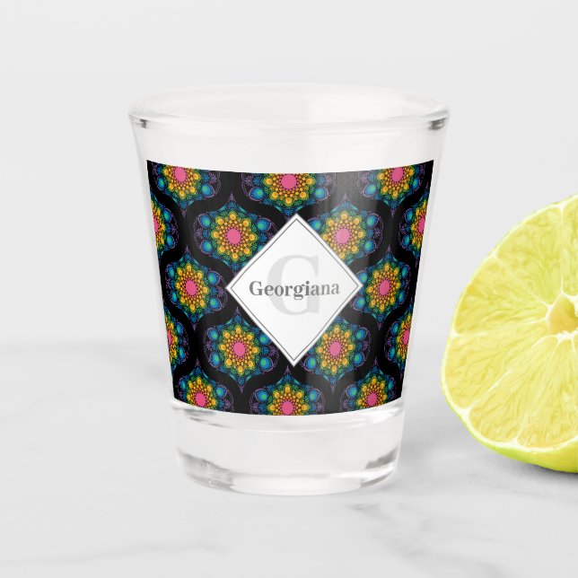 Custom Name Rainbow Floral Fountain Mid Mod Ogee Shot Glass (Front)