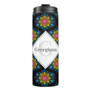 Custom Name Rainbow Floral Fountain Mid Mod Ogee Thermal Tumbler