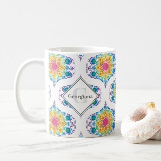 Custom Name Rainbow Floral Mandala Retro Ogee Coffee Mug (With Donut)