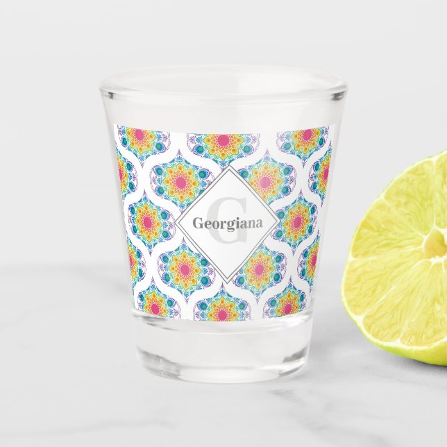 Custom Name Rainbow Floral Mandala Retro Ogee Shot Glass (Front)