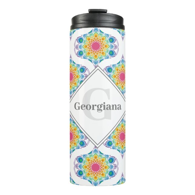 Custom Name Rainbow Floral Mandala Retro Ogee Thermal Tumbler (Front)