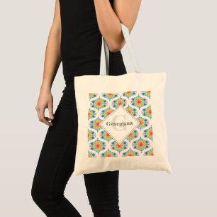 Custom Name Rainbow Floral Mandala Retro Ogee Tote Bag