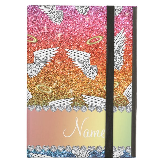 Custom name rainbow glitter angel wings case for iPad air (Front Closed)