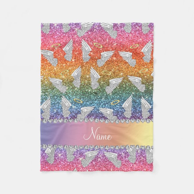 Custom name rainbow glitter angel wings fleece blanket (Front)