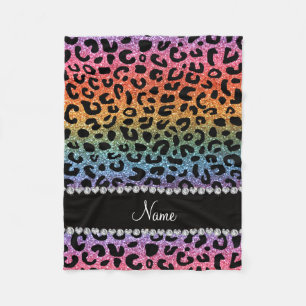 Custom name rainbow glitter cheetah print fleece blanket