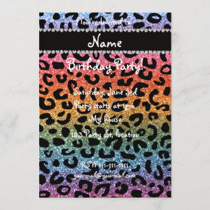 Custom name rainbow glitter cheetah print invitation
