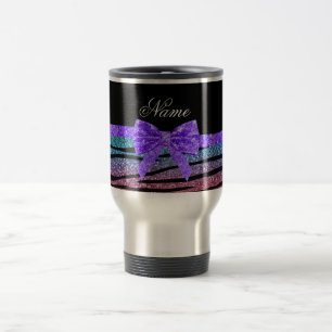 Custom name rainbow glitter zebra stripes bow travel mug