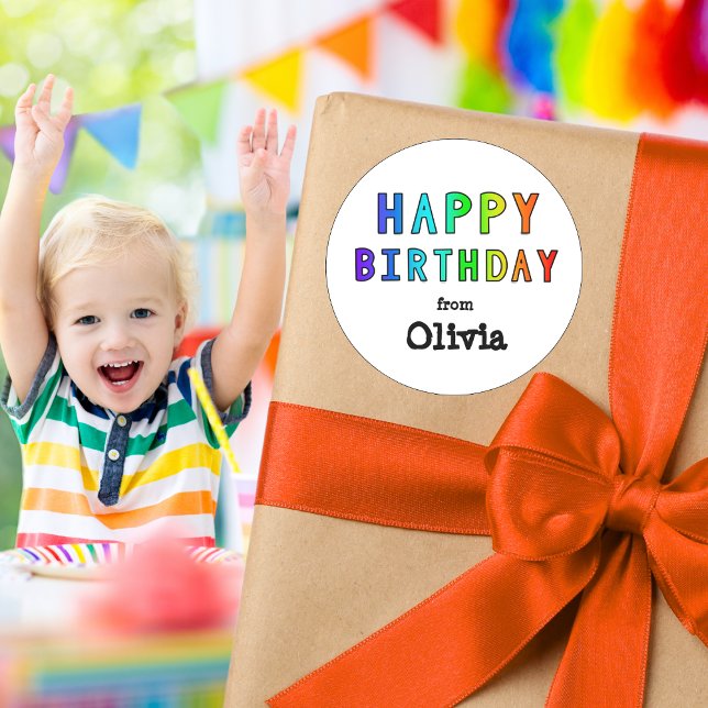 Custom Name Rainbow Happy Birthday Classic Round Sticker (Creator Uploaded)