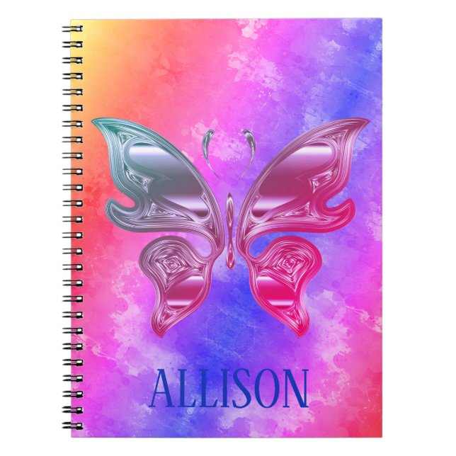 Custom Name Rainbow Metallic Butterfly Notebook (Front)