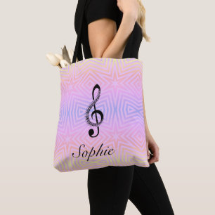 Custom Name Rainbow/Pastel Stars Treble Clef Music Tote Bag