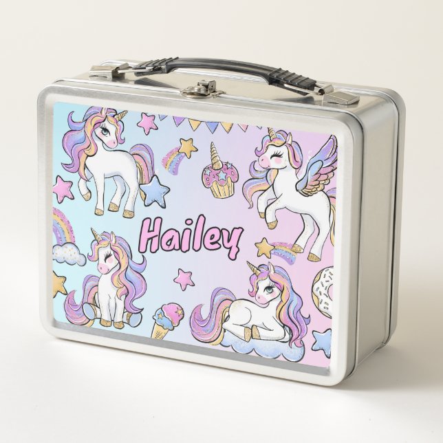 Custom Name Rainbow Unicorn Back to School  Metal Lunch Box (Front)