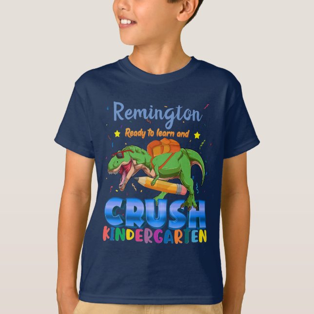 Custom Name Ready to Crush Kindergarten Dinosaur T-Shirt (Front)