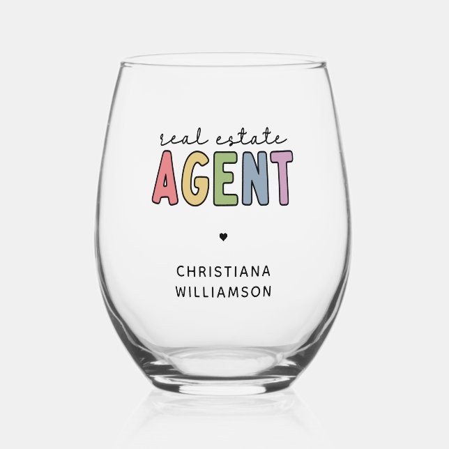 Custom Name Real Estate Agent | Realtor Gifts Stemless Wine Glass (Front)