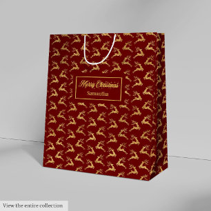 Custom Name Red and Gold Reindeer Gift Bag