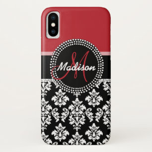 Custom Name Red Black Damask Pattern Monogram iPhone X Case
