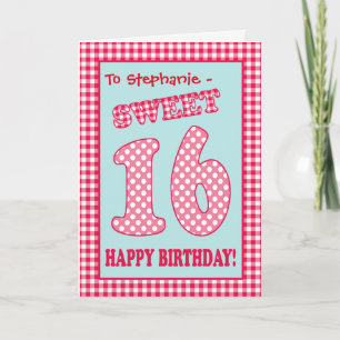 Custom Name Red Check, Polkas, Sweet 16th Birthday Invitation