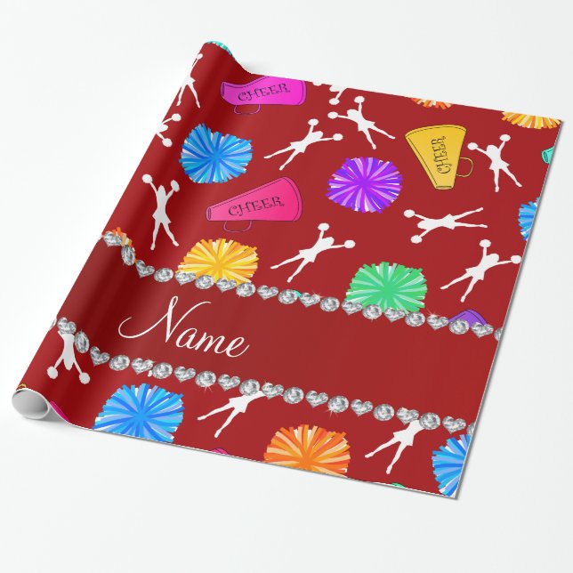Custom name red cheerleading pompoms wrapping paper (Unrolled)