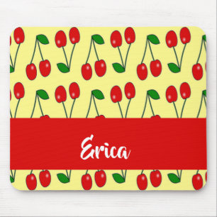 Custom name red cherries on yellow mouse mat