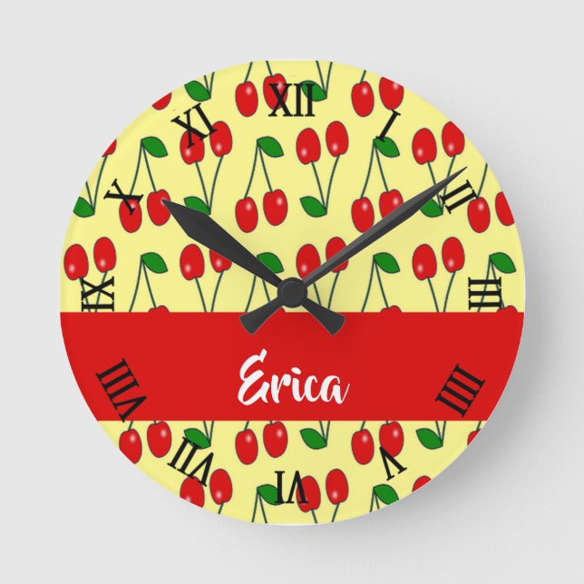 Custom name red cherries on yellow round clock (Front)
