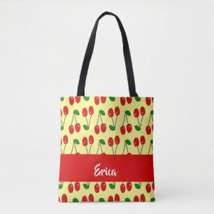 Custom name red cherries on yellow tote bag