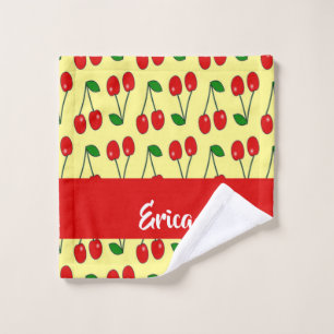 Custom name red cherries on yellow wash cloth