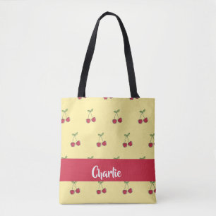 Custom name red cherries pattern tote bag