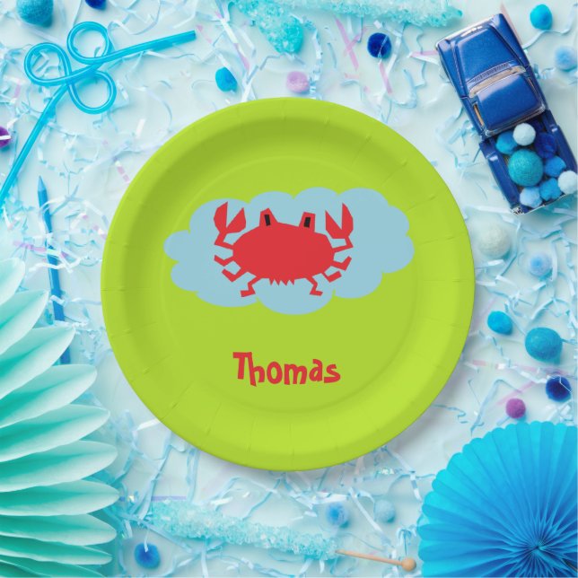 Custom name red crab on blue and green paper plate (Party)