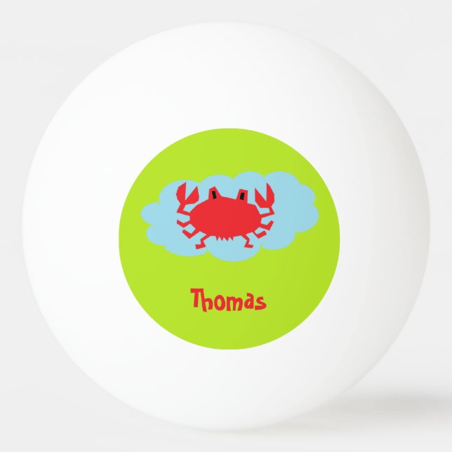 Custom name red crab on blue and green ping pong ball (Front)