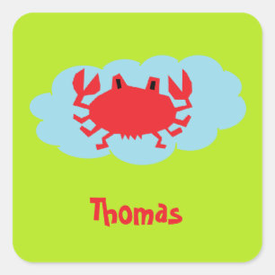 Custom name red crab on blue and green square sticker