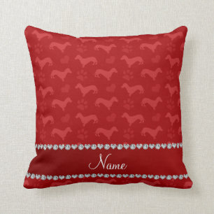 Custom name red dachshunds hearts paws cushion