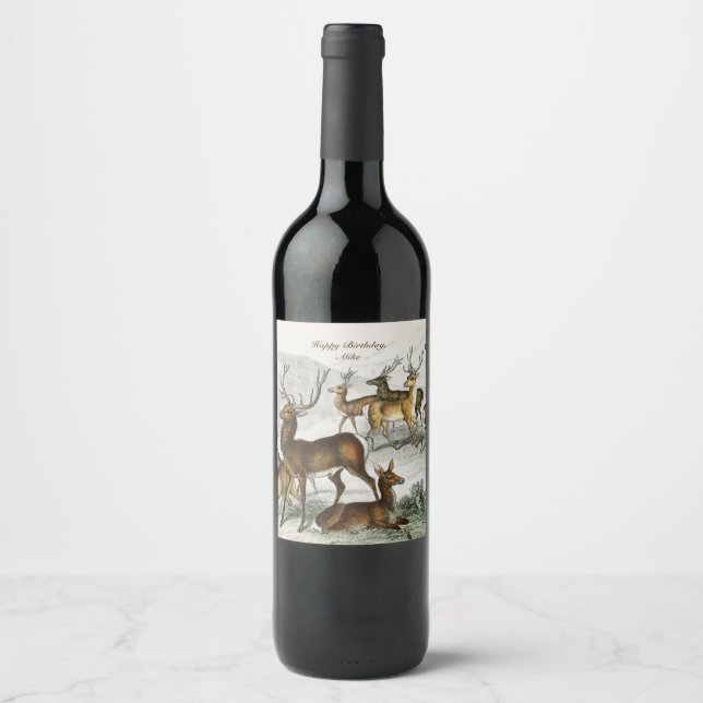 Custom Name Red Deer Hart, Hind, Roebuck Musk Deer Wine Label (Front)