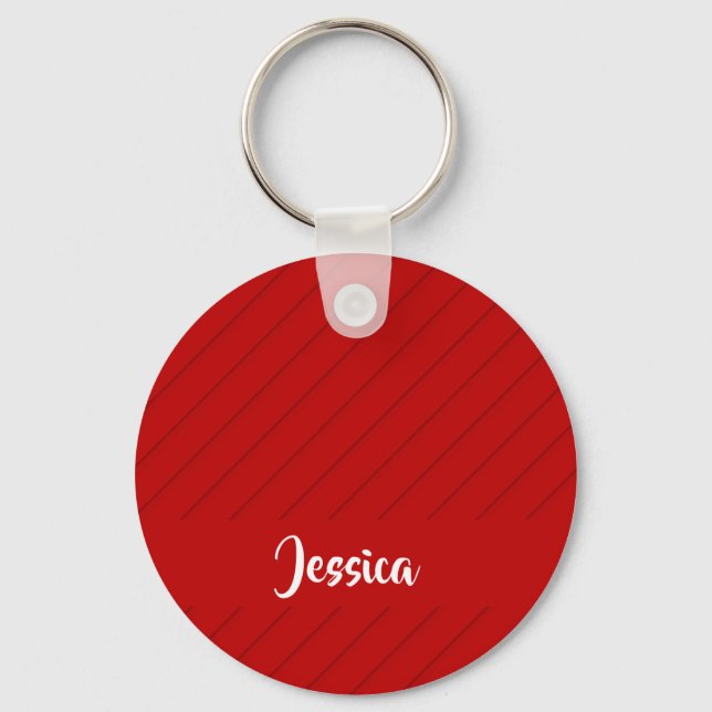 Custom name red diagonal plastic textured key ring (Front)