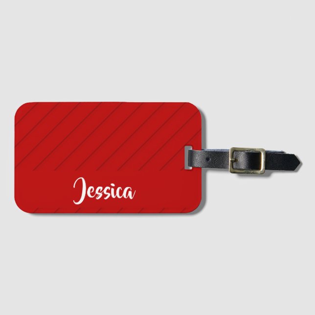 Custom name red diagonal plastic textured luggage tag (Front Horizontal)