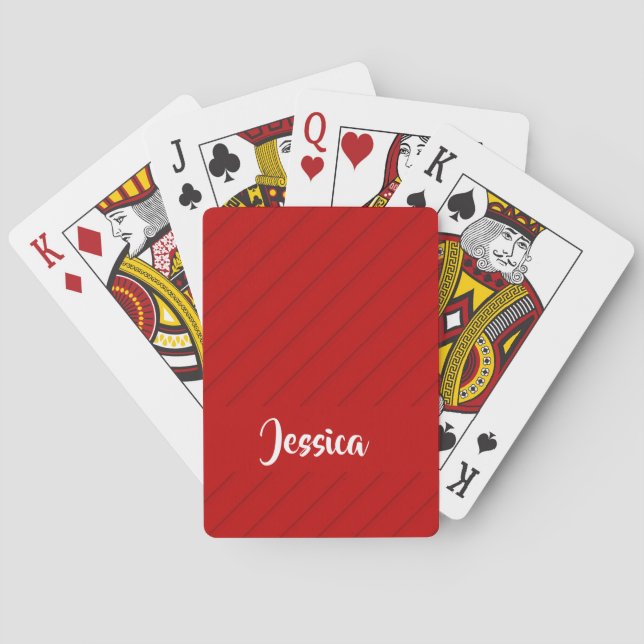 Custom name red diagonal plastic textured playing cards (Back)